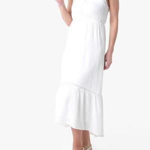 Molly Bracken Women's Small White Linen Maxi Dress G803AE Lace Trim Sleeveless